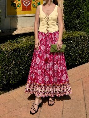 Boho Floral Midi Skirt Flowy Rayon Tie Waist Button Front Red Pink